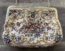 Vintage Petit Point Evening Purse-Clutch Floral Tapestry Design Goldtone Frame