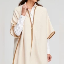 Chicos zip front ruana cream color poncho with gold zipper and faux leather trim