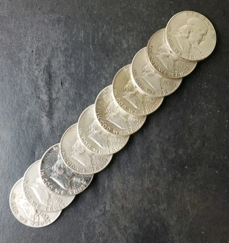 Lot of 10 50c Franklin Silver Half Dollars