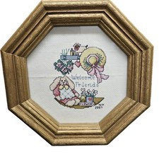 Handmade Welcome Friends Bunny Completed Cross Stitch Tapestry Gold Frame 2007