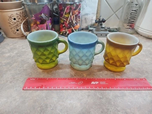 Vintage Anchor Hocking Fire King Orange, Blue And Green Coffee Cup Lot Of 3