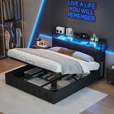 Boxspringbett Polsterbett 140x190cm Bettrahmen mit LED Hydraulisch Stauraumbett
