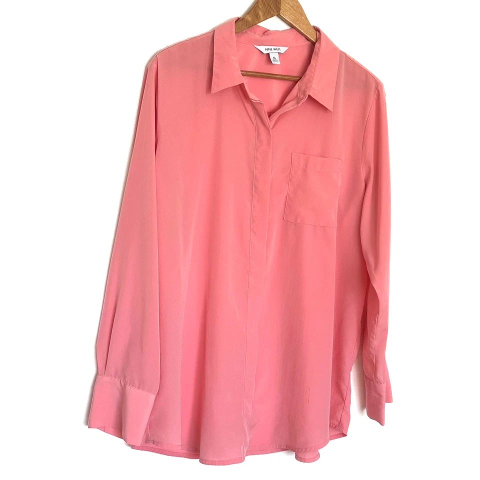 Nine West Shirt Women's XL Coral Pink Long Sleeve Button Up Pocket Collar Top - Image 2 of 4