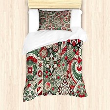 Christmas Duvet Cover Set, Jumble Design of Leafy Twin Dark Pink Laurel Green