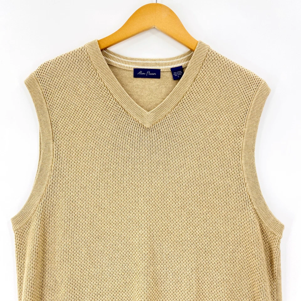 Alan Flusser Men’s Knit Vest Large Tan Sleeveless V-Neck Golf Sweater - Image 2 of 4
