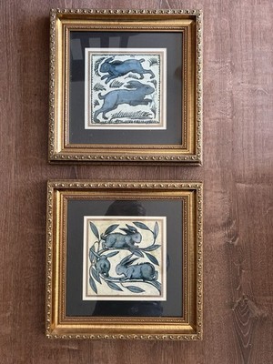 William De Morgan Blue Rabbits Framed Prints Leaping Hares Whimsical Bunny Set 2