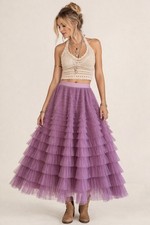 Fairycore Tulle Ruffle Midi Skirt Purple S Romantic, Festival, Boho