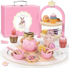 Wooden Tea Party Set for Little Girls, Toddler Girl Gifts A. Pink Polka Tea
