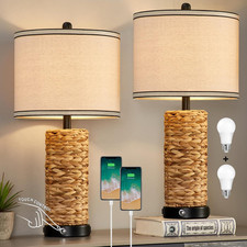 Dimmable Rattan Table Lamp Set of 2 with USB Ports  AC Outlet, Bulbs Included