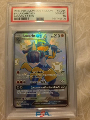 Lucario GX SV64/SV94 PSA 10 GEM MINT Pokemon Card Shiny Holo Rare Hidden Fates
