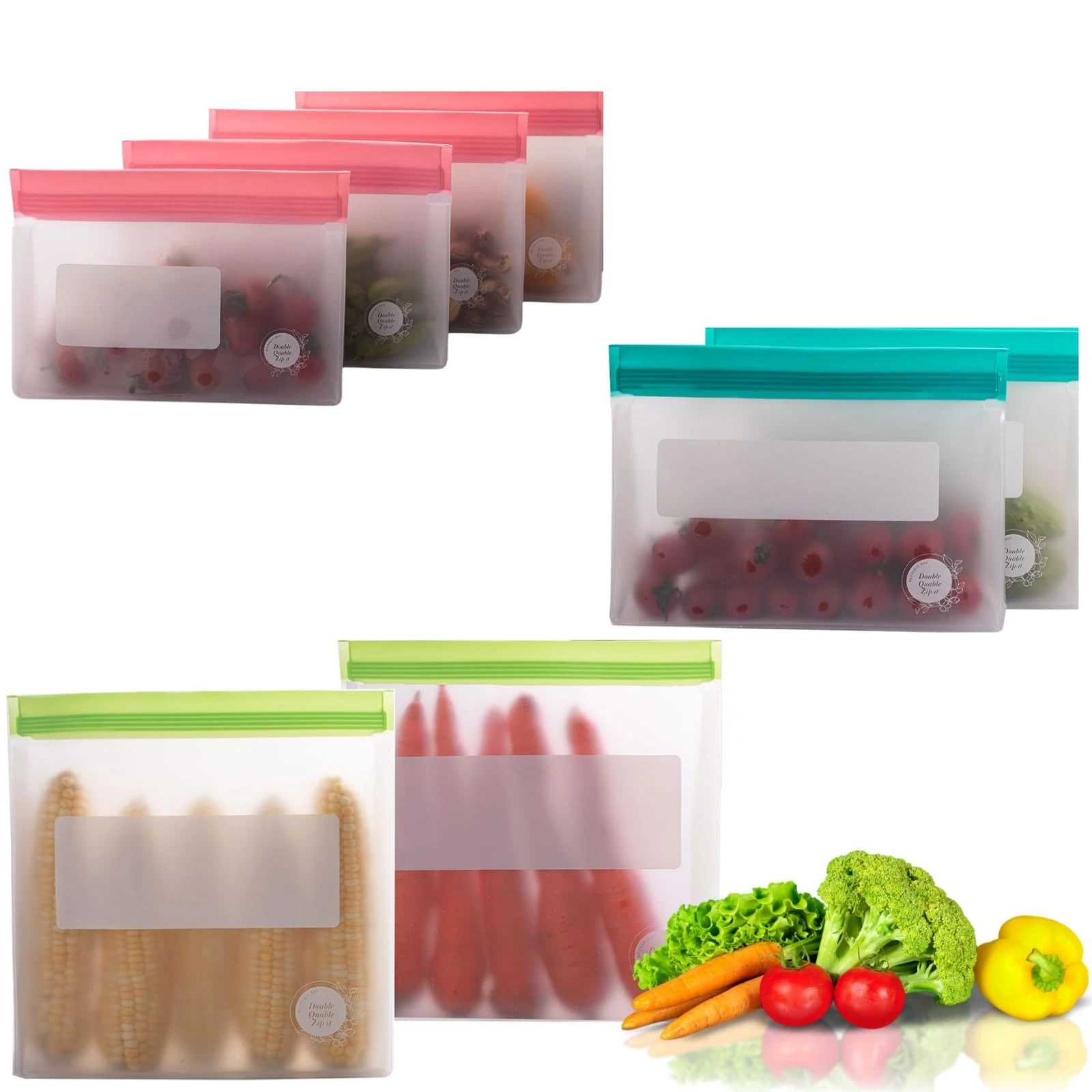 Reusable Food Storage Bags 8-Pack – BPA-Free Freezer & Dishwasher Safe, Leakp...