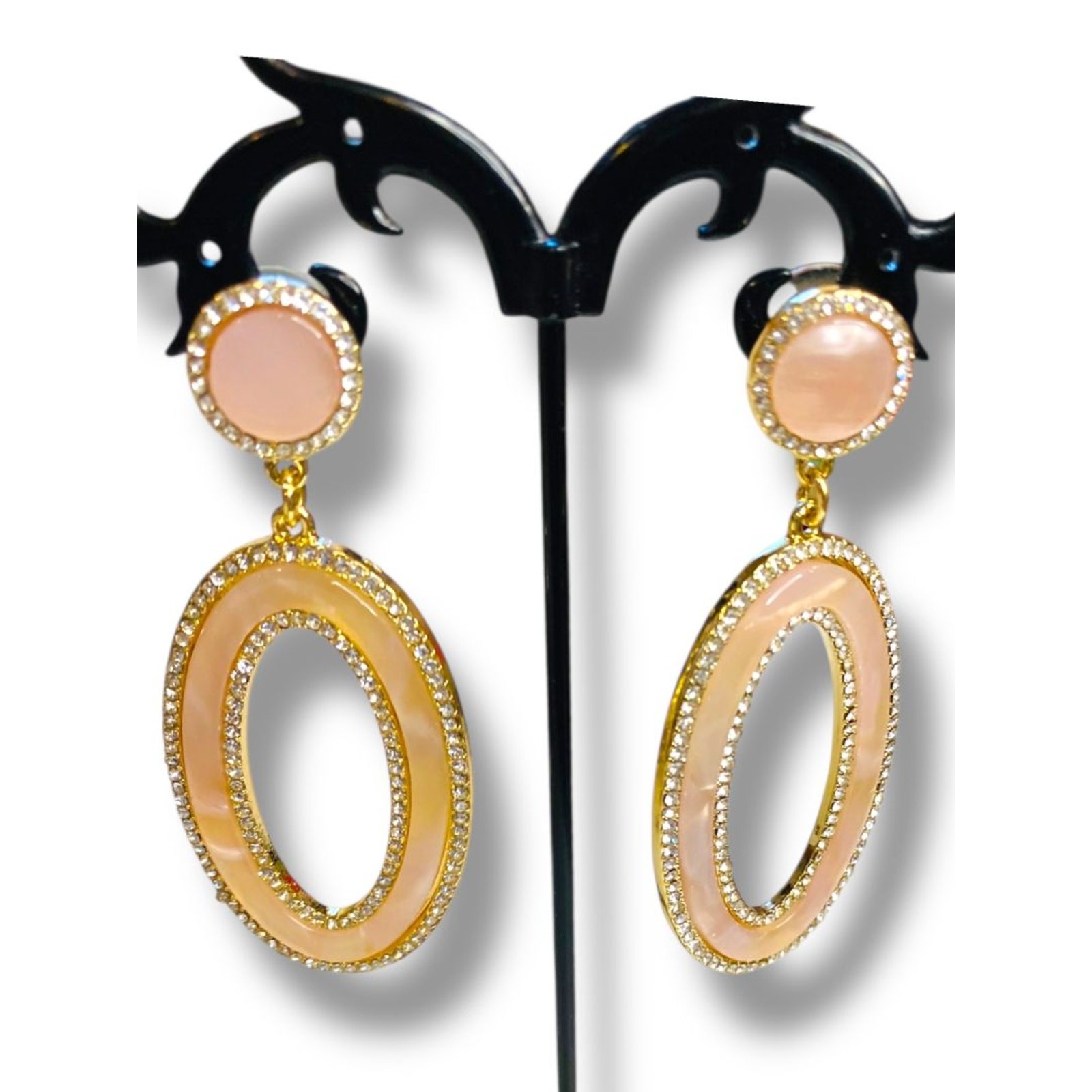 Statement Pierced Post Earrings Pink Goldtone Rhi… - image 1