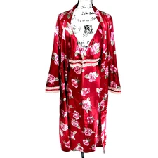 CALIFORNIA DYNASTY Satin Nightgown & Robe Cameo Peignoir Set Large Red Pink 2pc