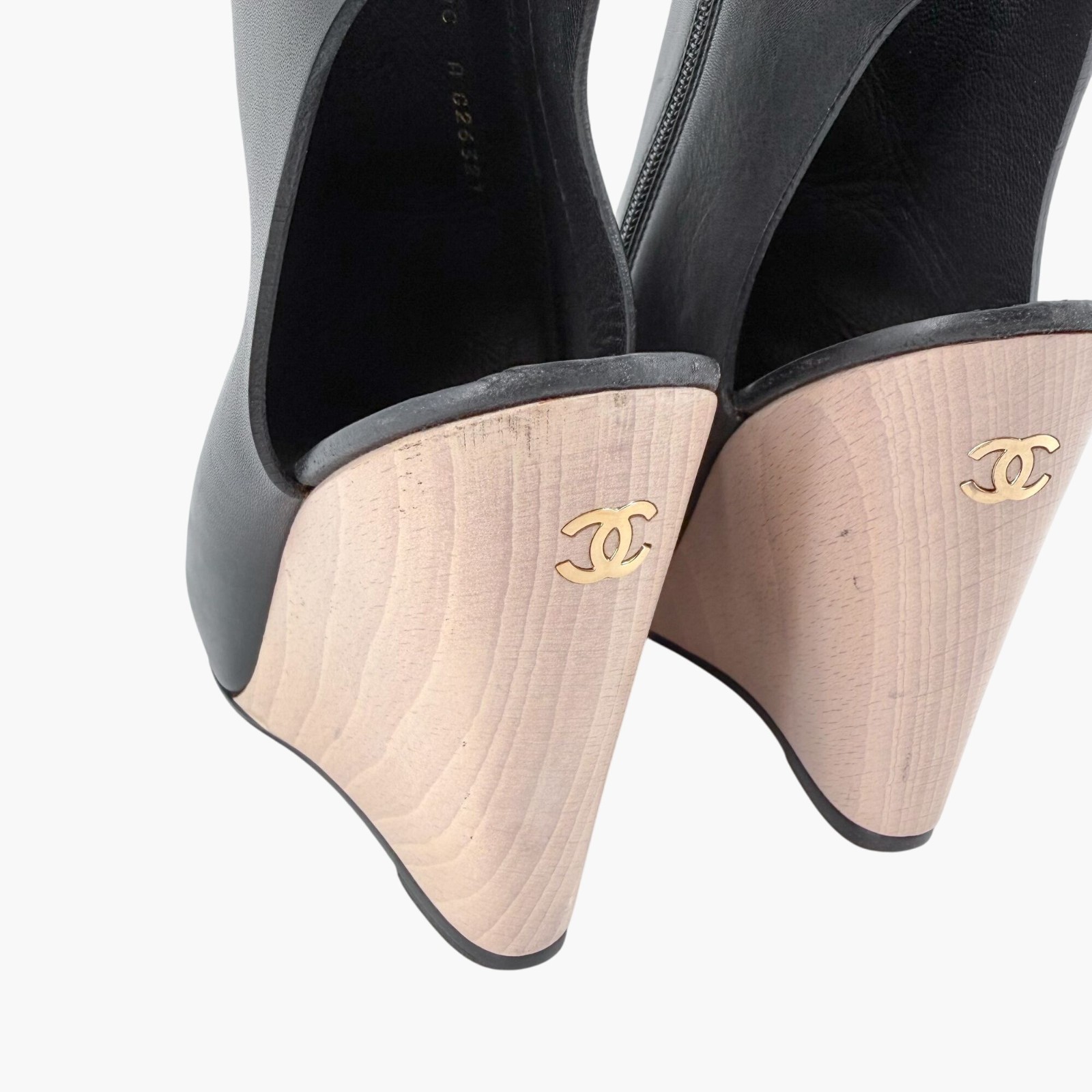 Chanel Black Leather Peep Toe CC Wedge Heel Ankle Booties Shoes Size 39 US 8–8.5 thumbnail 7