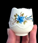 Vtg White Milk Glass Sawtooth Top Toothpick Holder Hand Painted Blue Flower Leaf