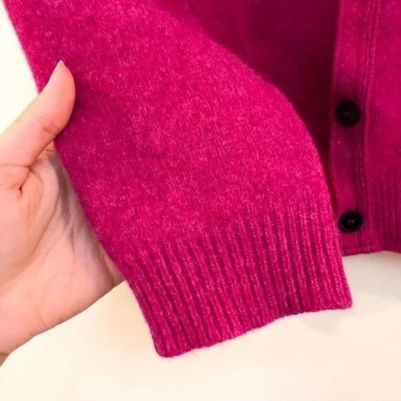 Cárdigan Suéter Noah NYC 100 % Lana de Cordero Shetland Delgado Rosa Caliente Tejido Cuello en V S Foto 4 de 4