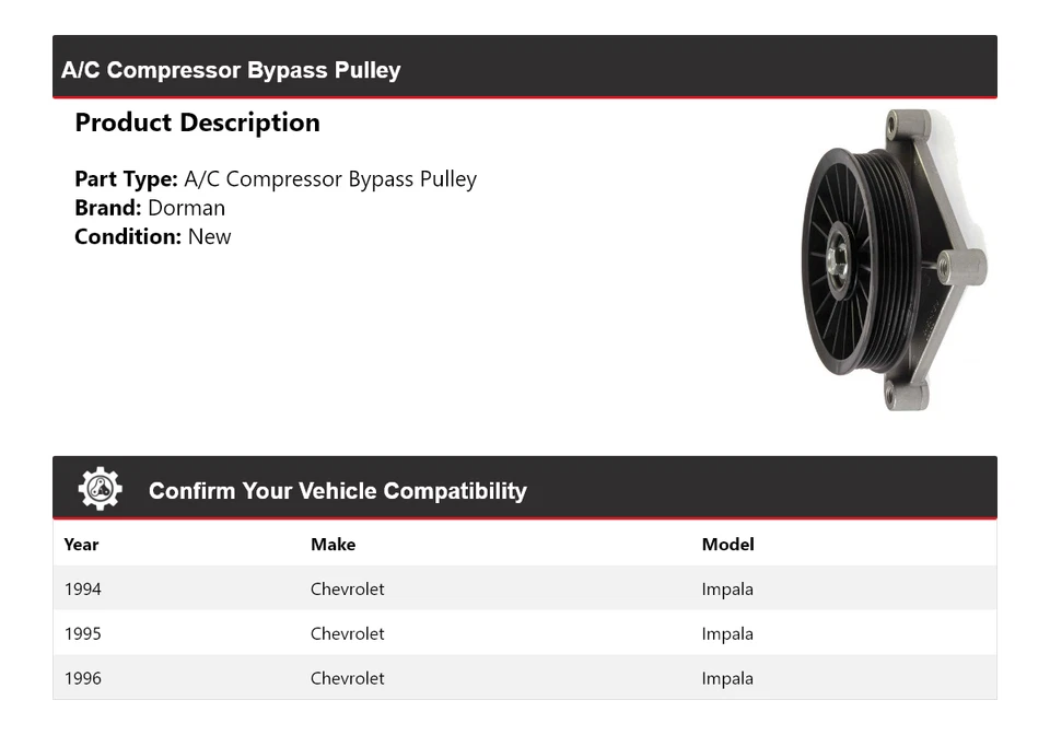 Обходной шкив компрессора кондиционера для Chevrolet Impala Dorman 1994-1996 годов выпуска 1995 - Изображение 2 из 4