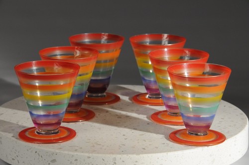 6 gafas de jugo vintage pintadas a mano de 4 oz 3" decorativas/mediados de siglo muy raras - Imagen 2 de 9