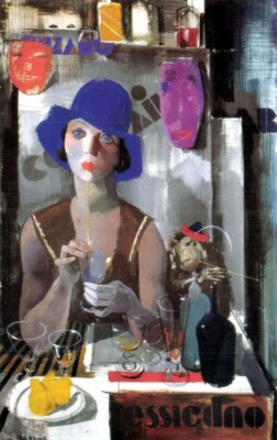 Woman in a Blue Hat Modernist Collage - Vilmos Aba-Novak 1930 Hungarian Print