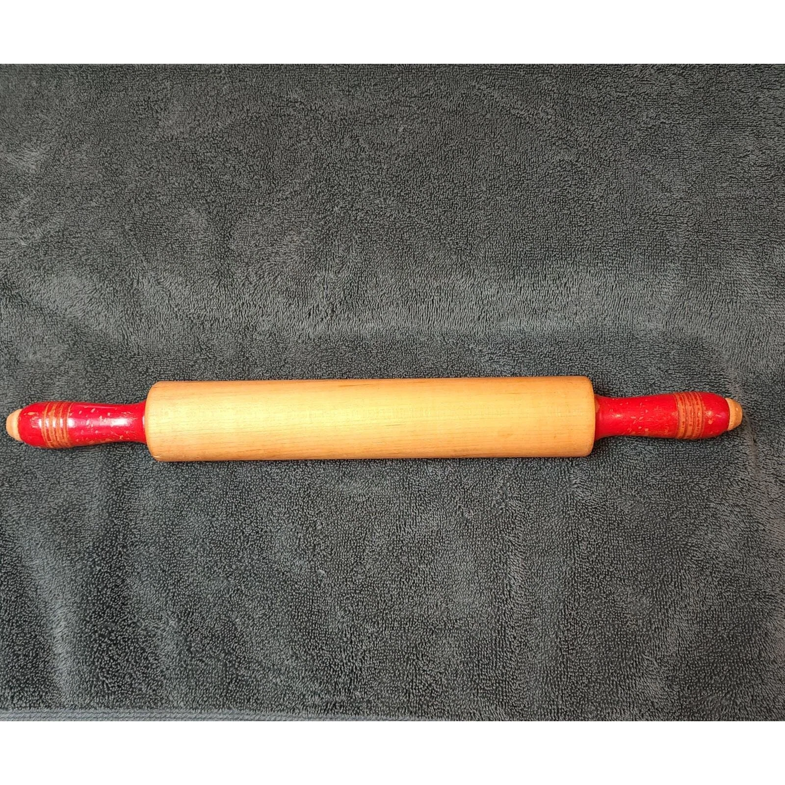 Hardwood Rolling Pin w Red Handles Circa 1950s - 1960s