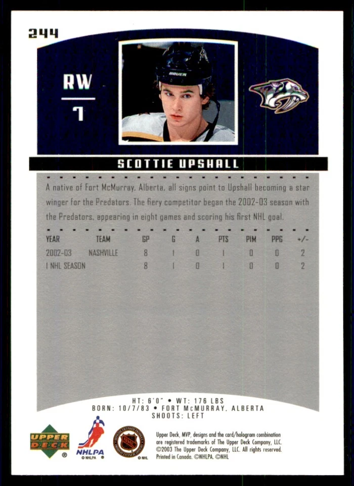 2003-04 Upper Deck MVP Scottie Upshall Nashville Predators #244 - Image 2 of 2
