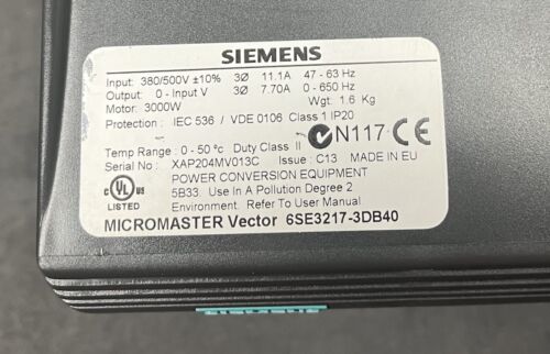 Siemens MICROMASTER Vector 6SE3217-3DB40 (6SE32173DB40) Frequency Drive - Picture 3 of 8
