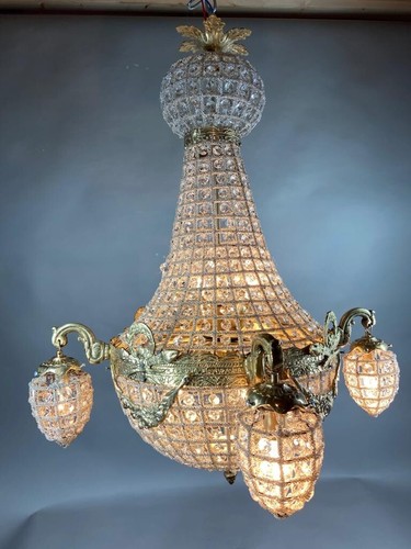 Chandelier French Louis XVI Gold Swan Crystal Beaded 10 Light Vintage Fixture - Picture 12 of 24
