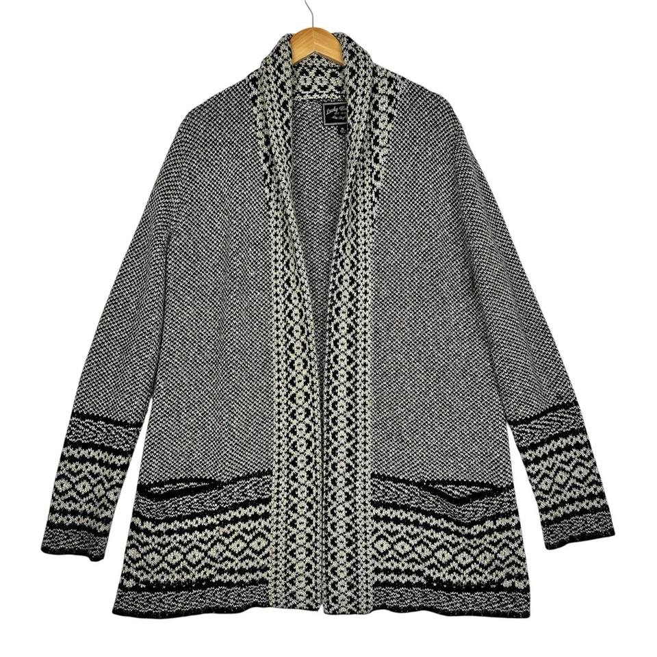Lucky Brand Womens XL Open Front Cardigan Sweater Black White Print Shawl Collar - Image 2 of 4