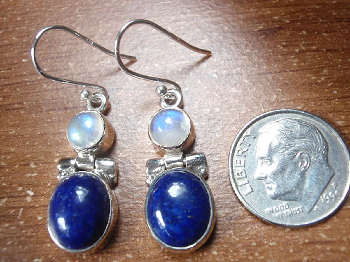 Lapis and Moonstone Double Gem 925 Sterling Silver Dangle Earrings