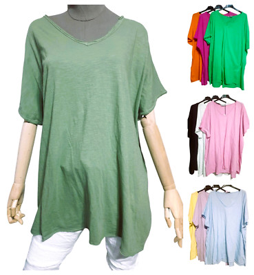 Damen Kurzarm Shirt halbrunder V- Ausschnitt basic uni oversize  bis Gr. 46/48