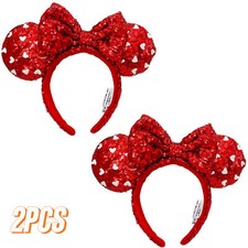 Disney Parks Mickey Mouse Red Heart Sequin Bow Girl Minnie Ears Headband 2PCS