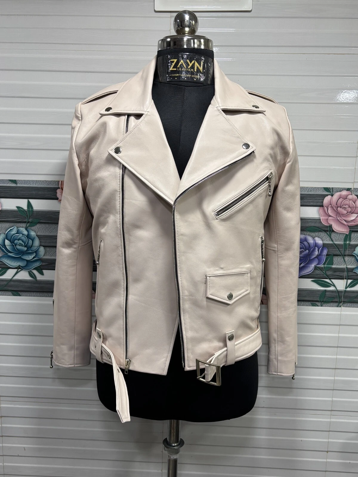 Men's Off White Color Original Leather Jacket Genuine Leather Motorcycle Jacket