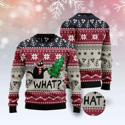 Funny Black cat Christmas tree killer Sweater, Black cat meme Christmas 