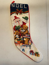 Vintage Needlepoint Christmas Noel Stocking Santa w/ Toys Presents Red Back 21"