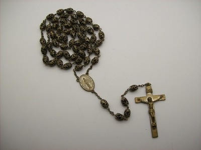 Large Vintage Antique Catholic Rosary with Glass Beads & Filigree caps, 24''