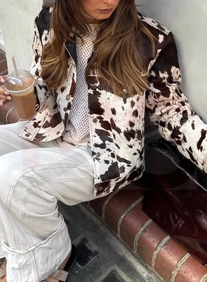 Chaqueta con estampado de vaca para mujer abrigo estilo callejero occidental de piel marrón blanco Foto 2 de 4
