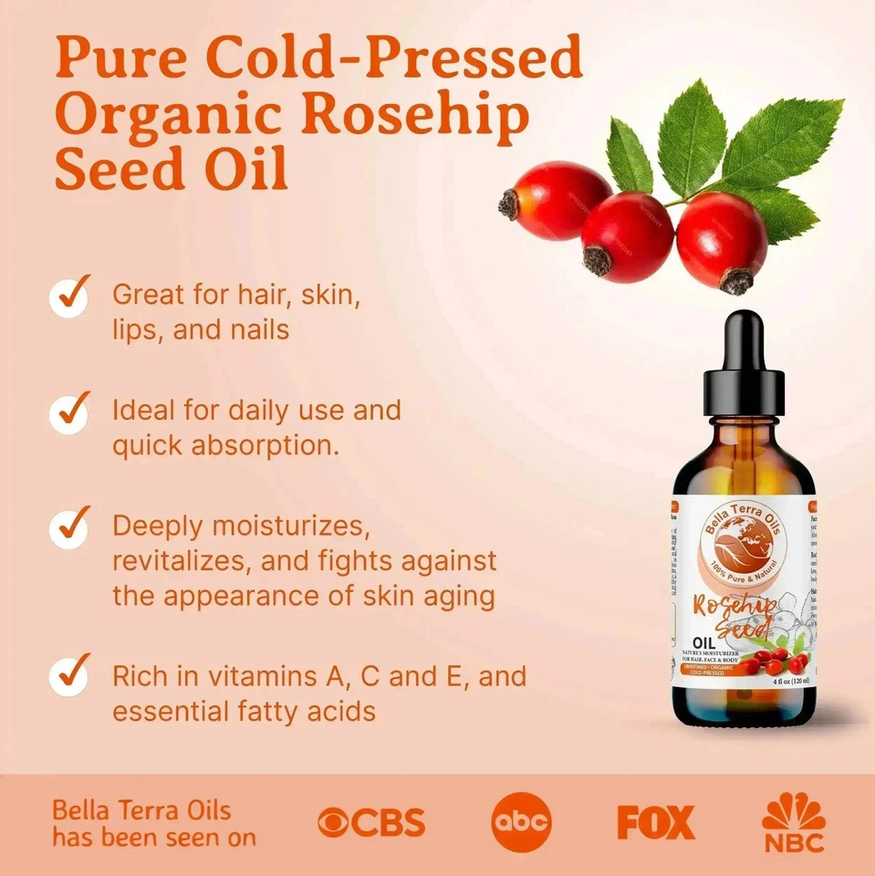 Organic Cold-Pressed Rosehip Seed Oil 100% Pure Raw Skin Hair Face Anti-Aging - Image 2 of 4