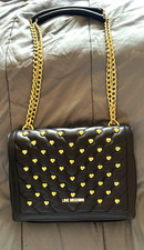 Love Moschino Black Quilted Shoulder Bag Heart Studs Gold Chain Red Lining