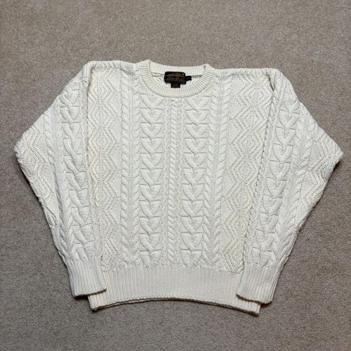Eddie Bauer, Vtg Eddie Bauer Sweater Mens Large White Cotton Cable Knit Fisherman Aran 90s