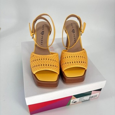 Katy Perry Platform Heels Woven Steady Ankle Strap Block Heel Sandals Yellow 8.5