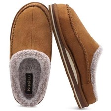 Mens Clog Slippers with Arch Support Suede Faux Fur Memory Foam Warm 9 Khaki