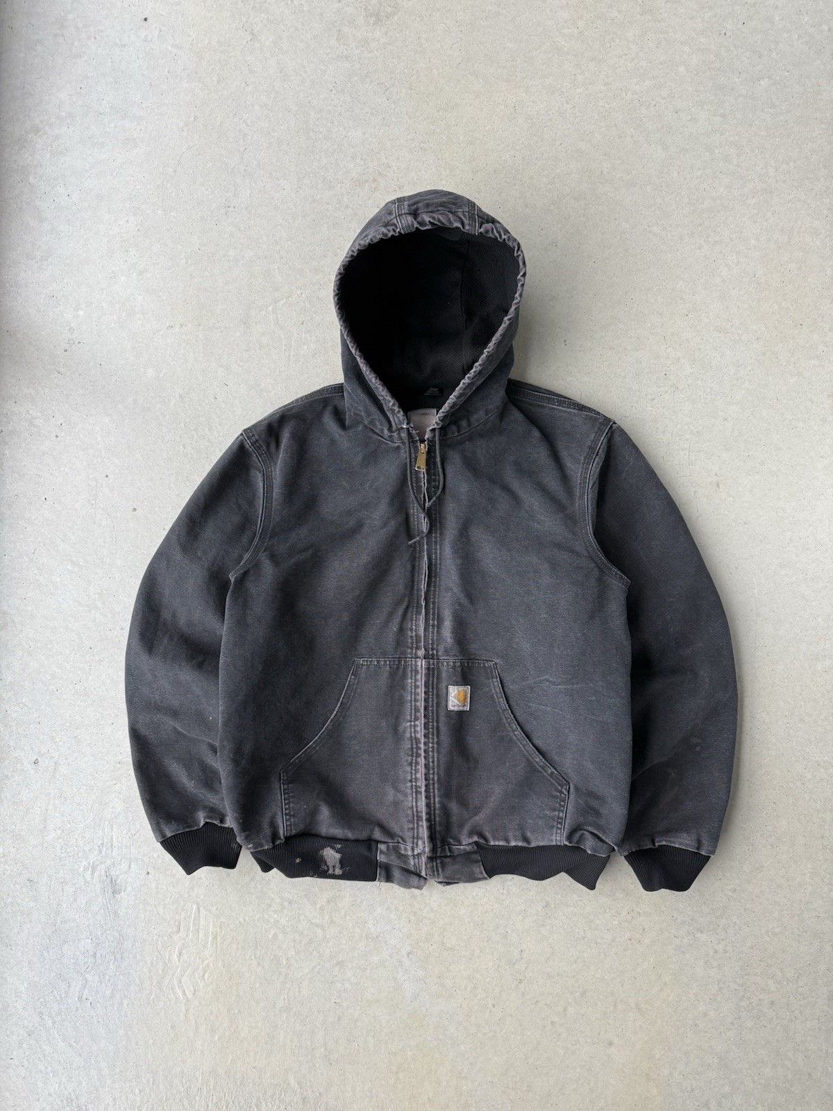 Vintage 90s Carhartt Faded Black Hooded Zip Up Workwear Jacket Size Large