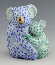 🦋 MINT HEREND Smaller KOALA BEAR Pair Blue & Green Fishnet Figurine $585 Retail