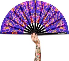 UV Glow Rave Fan, Bamboo Folding Clack Hand Fans Foldable for Men Women, Poping