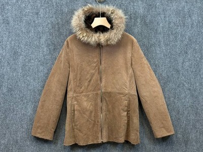 EMC Brown Suede Hooded Jacket Coat with Asiatic Raccoon Fur Trim