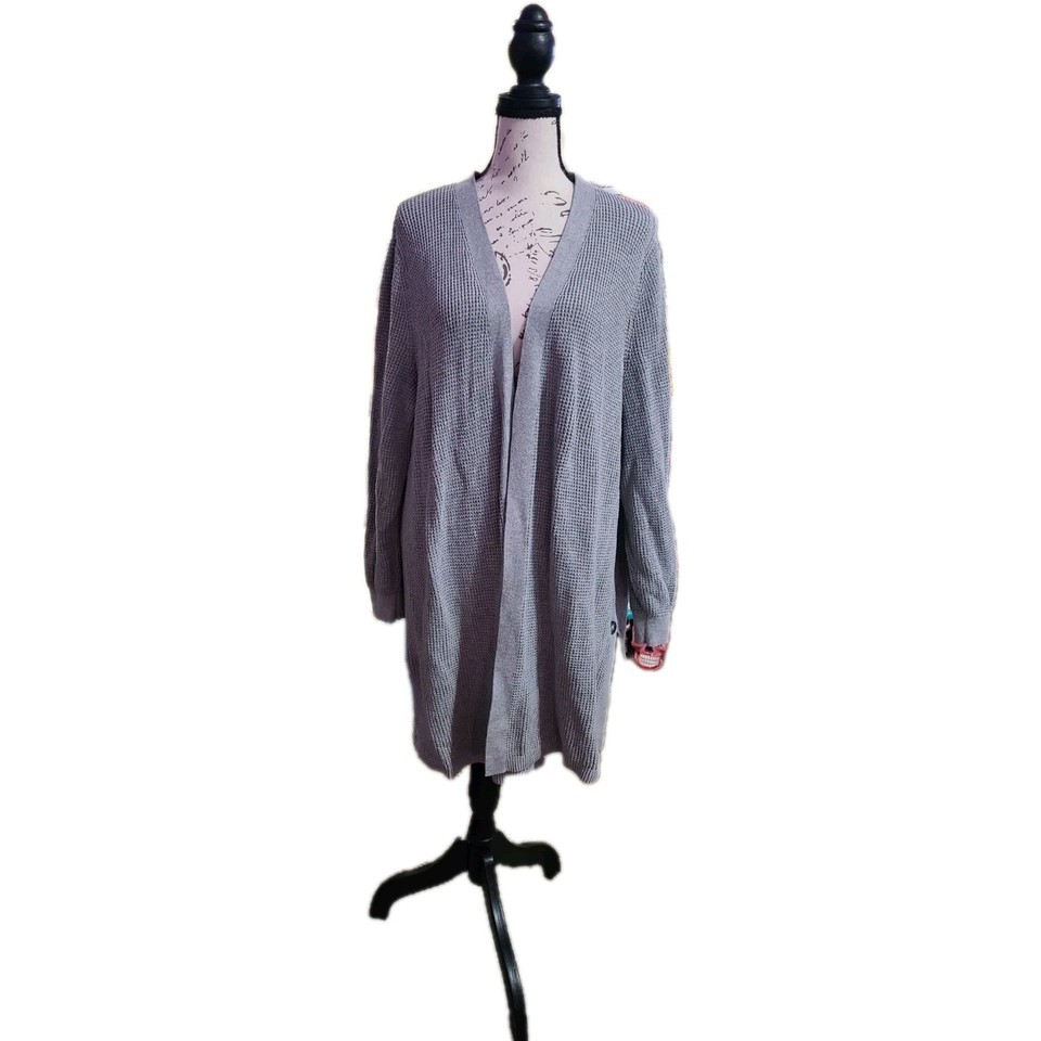 J.Jill Gray Open Front Cardigan Sweater 3X Cotton Blend Long Sleeve Waffle Knit