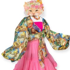 VINTAGE 1990s CHIFFON RHINESTONE KITTY CAT WRAP BLOUSE CLUB RAVE SHIRT DISCO MOD