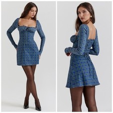 House of CB Malika Blue Tartan Corset Mini Dress Size M NWT