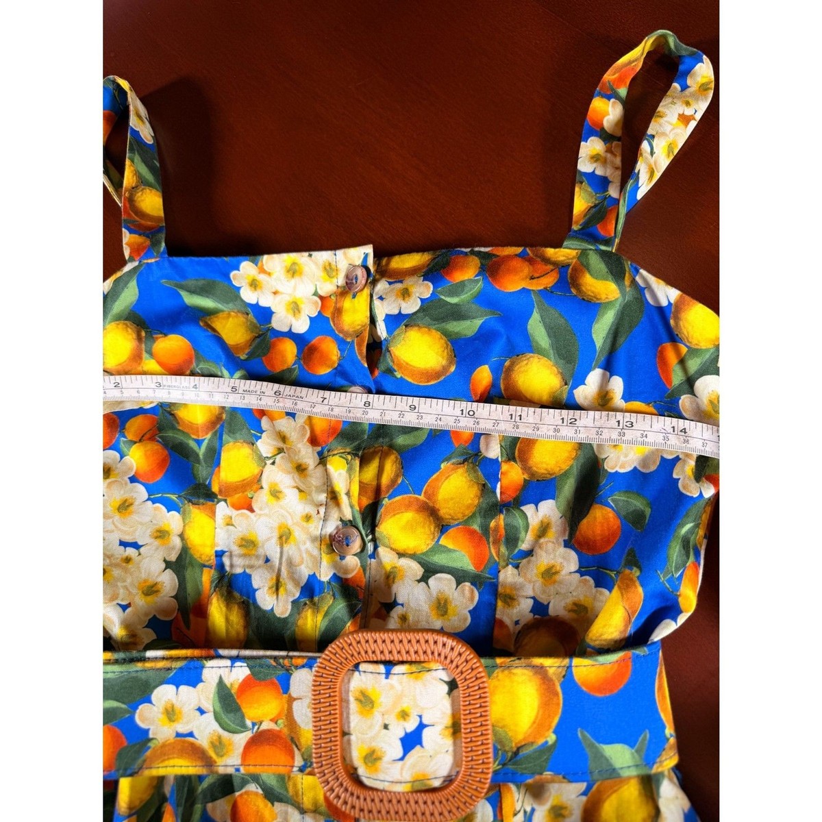 Borgo de Nor Lemon Blossom Citrus Print Midi Dress Size 8 Blue Button Front View 3