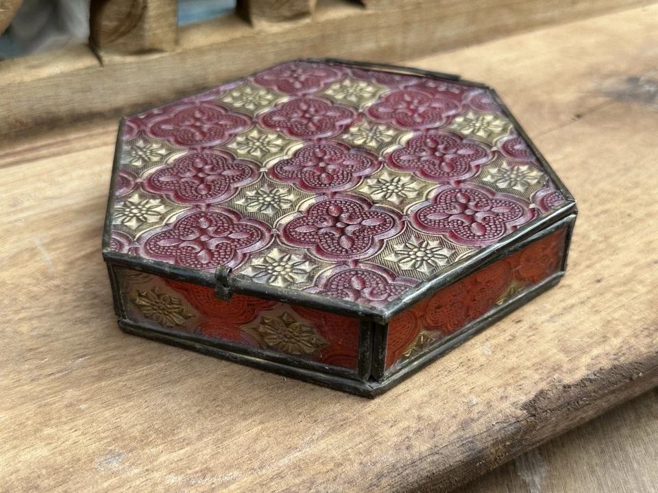 Hermosa caja de especias vintage de metal y vidrio dorado Foto 4 de 4